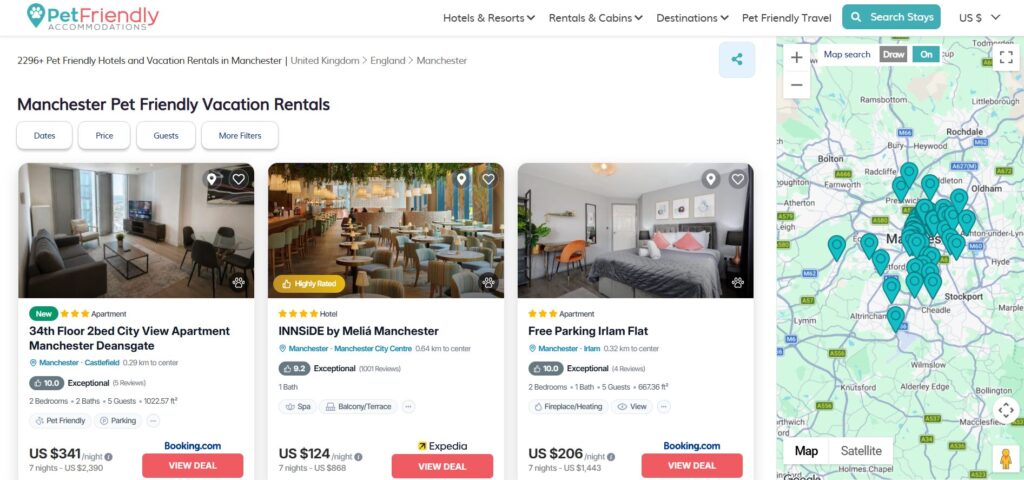 Screenshot of a website listing pet-friendly holiday rentals in Manchester, showing three rental options with prices and booking sites on the left, and a map with multiple location pins on the right.