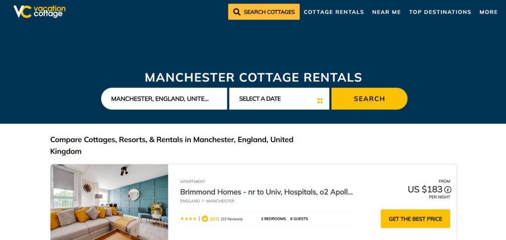 Screenshot of a holiday cottage lettings website showing search options for Manchester, England, with a featured listing for Brimmond Homes, a flat for 6 guests at £183 per night. A photo of a modern lounge is included.