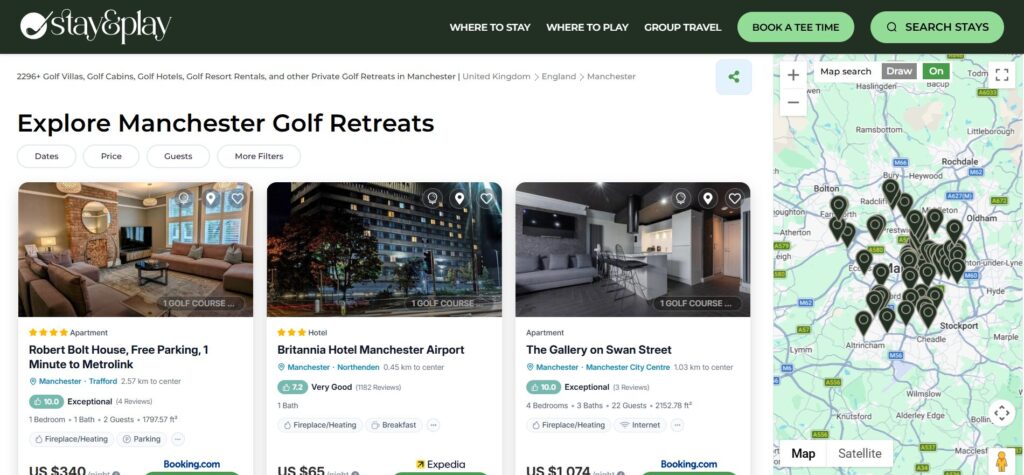 Website page showing search results for Manchester golf retreats, listing properties with prices, ratings, photos, and booking options on the left, and a map with location markers for golf retreats on the right.