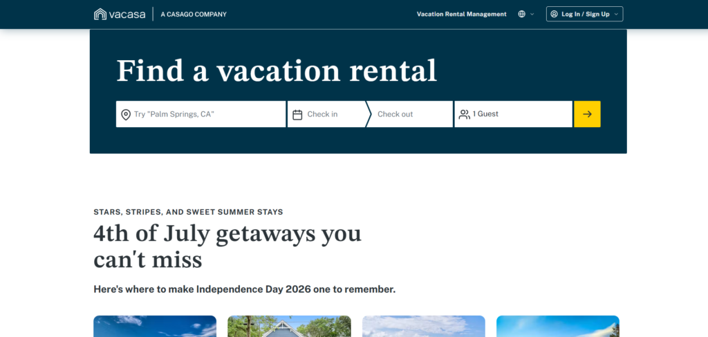 Screenshot of the Vacasa website showing a search bar to find holiday rentals, with a featured section titled “4th of July getaways you can’t miss” and a row of related holiday images below.