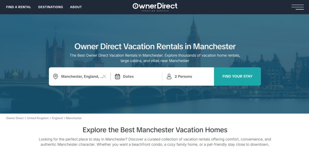 Screenshot of the Owner Direct website showing holiday rental search for Manchester, with fields for destination, dates, number of people, and a “Find Your Stay” button; city skyline is visible in the background.