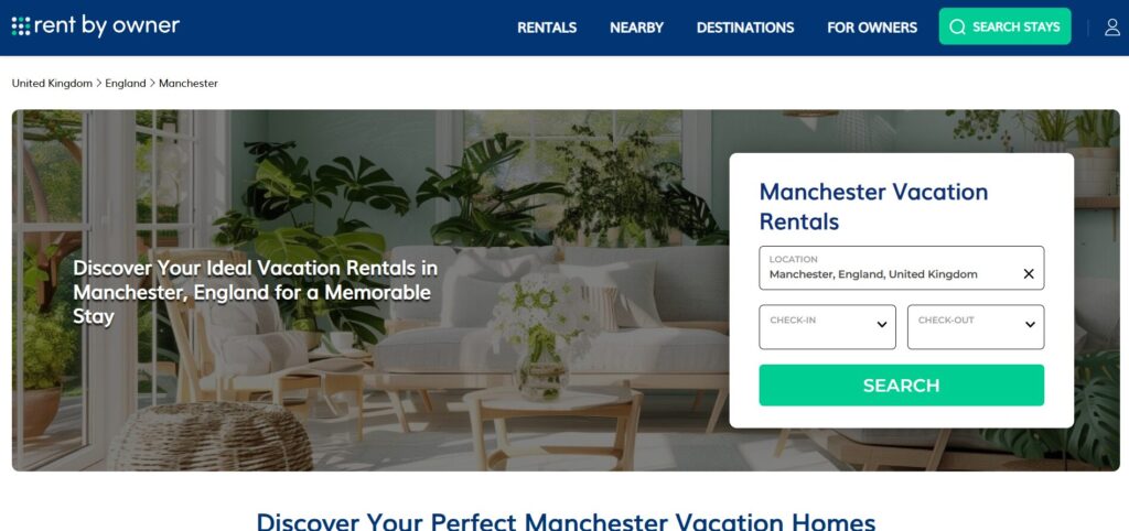 Screenshot of a rental website showing a search box for Manchester holiday rentals, with text over a living room scene featuring white sofas, plants, and large windows with sunlight streaming in.