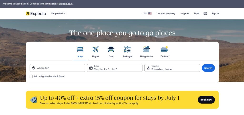 Screenshot of Expedia’s homepage featuring search options for stays, flights, cars, packages, things to do, and cruises, with a yellow banner offering up to 40% off plus an extra 15% voucher for stays by 1 July.