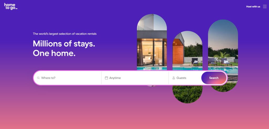 A holiday rental website homepage with a purple gradient background, search bar asking location, date, and guests, with images of modern homes and a swimming pool. Text reads: “Millions of stays. One home.”.