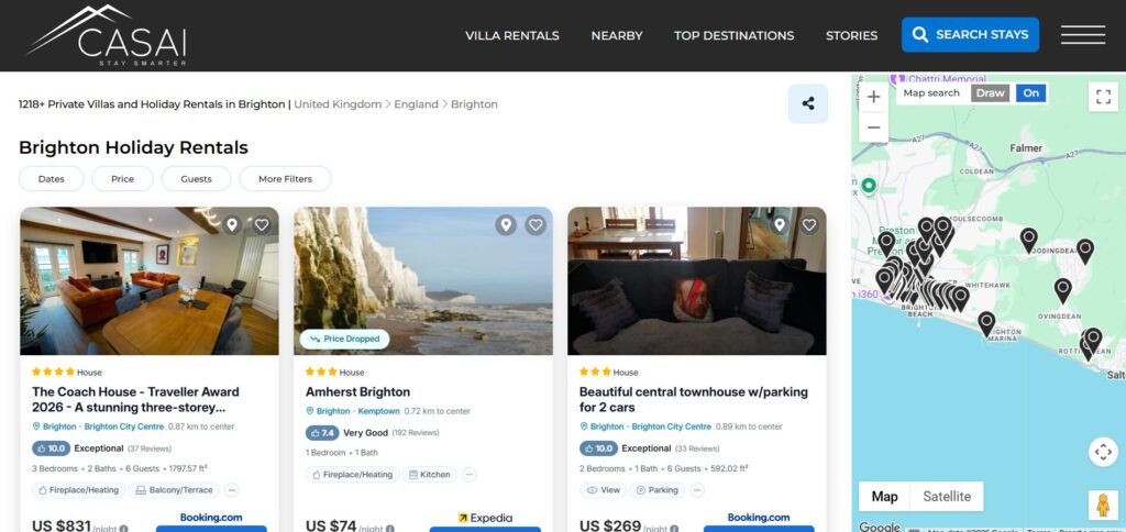 A website listing Brighton holiday lettings shows property photos, prices, and ratings on the left, with a map of letting locations on the right. The page header reads “CASAI Stay Smarter” with navigation menu options at the top.