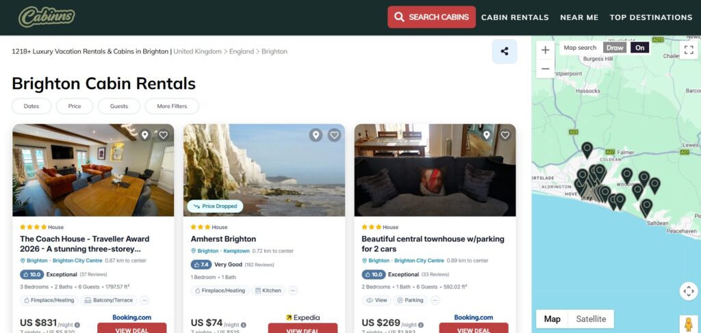A website listing Brighton cabin rentals shows photos, prices, and ratings of properties on the left, with a map on the right displaying rental locations along the Brighton coast.