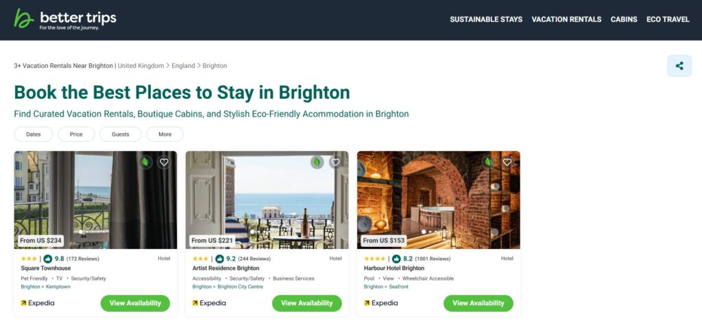 Screenshot of a travel website showing listings for holiday rentals in Brighton, including photos, prices per night, guest ratings, safety information, and “View Availability” buttons for each property.