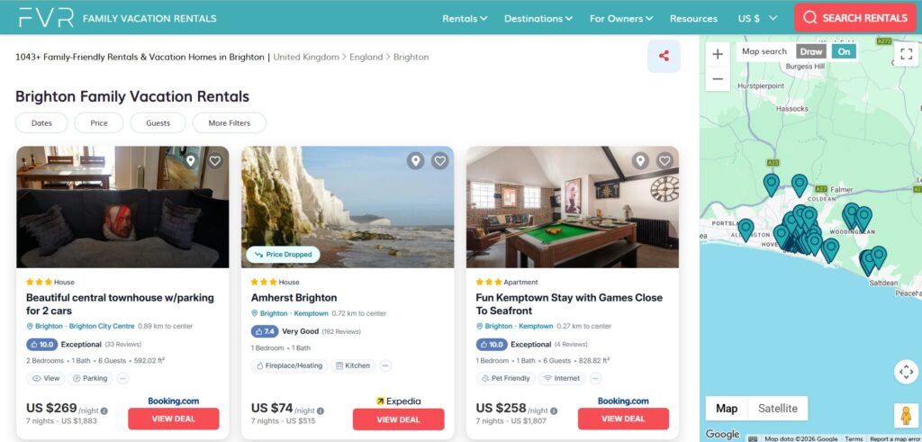 Screenshot of a holiday rentals website displaying three Brighton properties with images, prices, ratings, and booking options. A map with location pins is shown on the right side of the page.