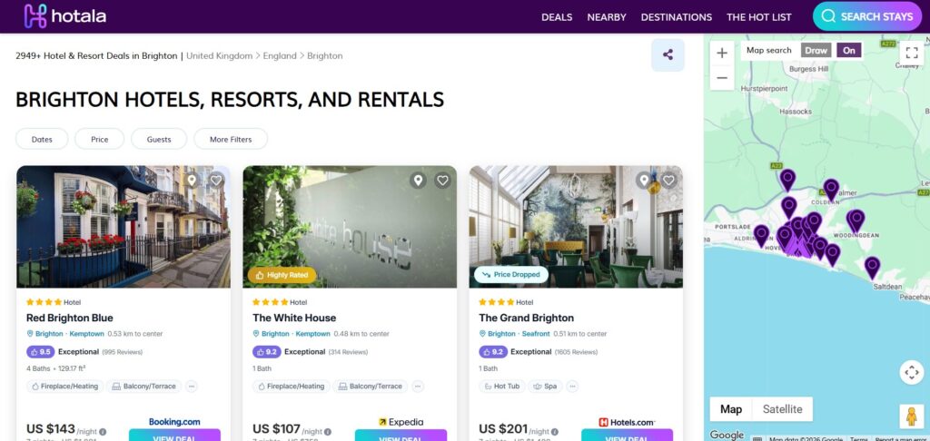 A hotel booking website shows listings in Brighton, UK, with images, prices, ratings, and booking options for Red Brighton Blue, The White House, and The Grand Brighton. A map on the right highlights hotel locations.