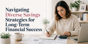 A woman sits at a desk with documents, a laptop, a calculator, and a mug, reviewing financial charts. The text reads: Navigating Diverse Savings Strategies for Long-Term Financial Success.