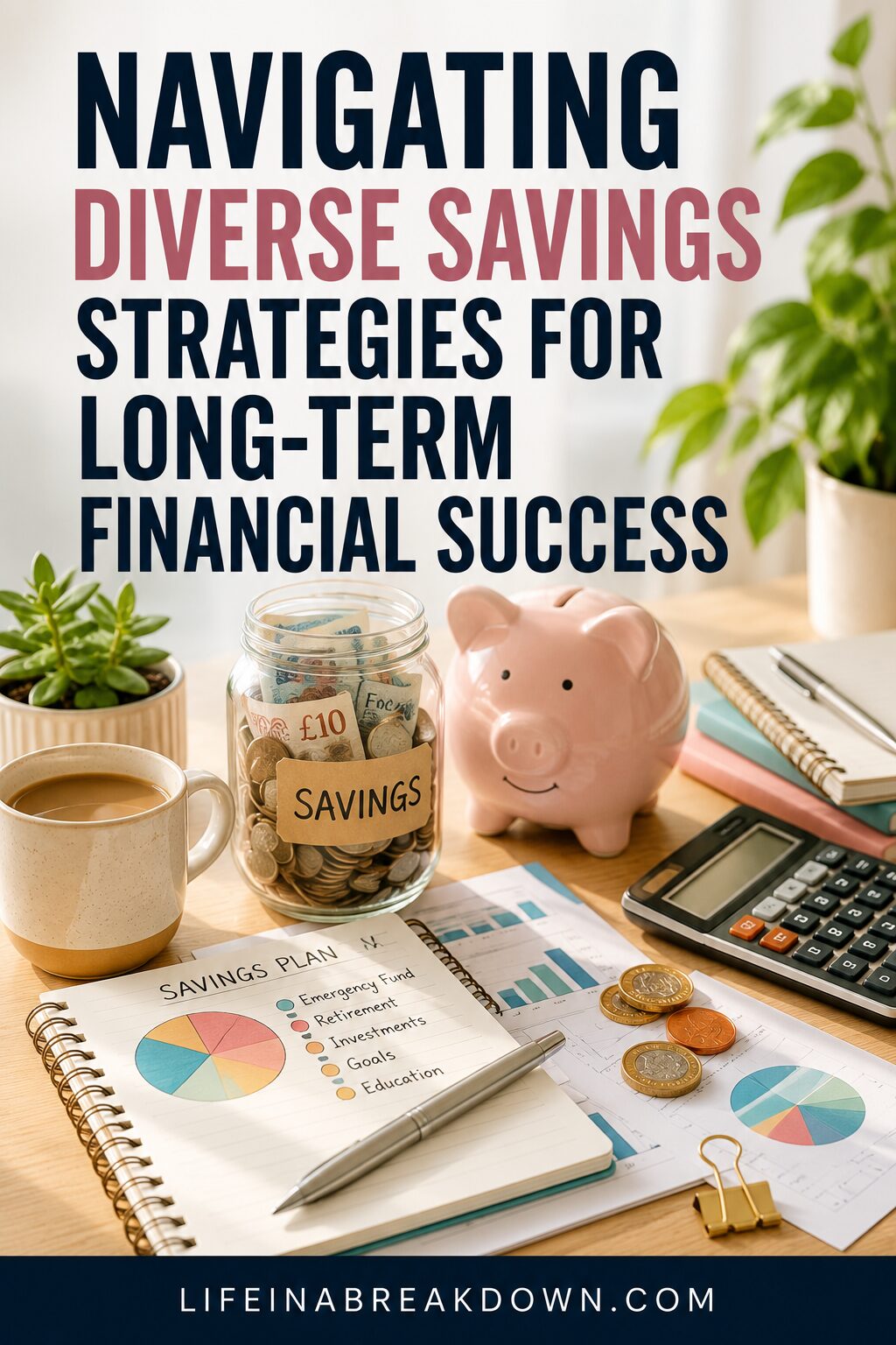 A desk with a pink piggy bank, a jar labelled Savings filled with cash, a calculator, coffee cup, coins, notebooks, and a financial savings chart. Text reads: Navigating Diverse Savings Strategies for Long-Term Financial Success.