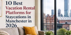 Living room with a beige sofa and yellow cushion, large window showing city buildings; overlaid text reads 10 Best Holiday Rental Platforms for Staycations in Manchester in 2026.