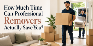 Two removal men in uniforms carry boxes and a sofa into a bright, modern living room. The text reads, How Much Time Can Professional Removalists Actually Save You?.