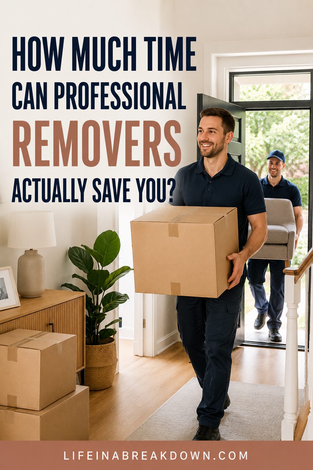 Two smiling removers carry cardboard boxes into a bright home. The text reads: How much time can professional removers actually save you? Website: lifeinabreakdown.com.