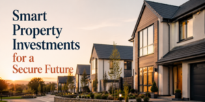 A row of modern houses at sunset with the text Smart Property Investments for a Secure Future beside them. The scene conveys a peaceful suburban neighbourhood.