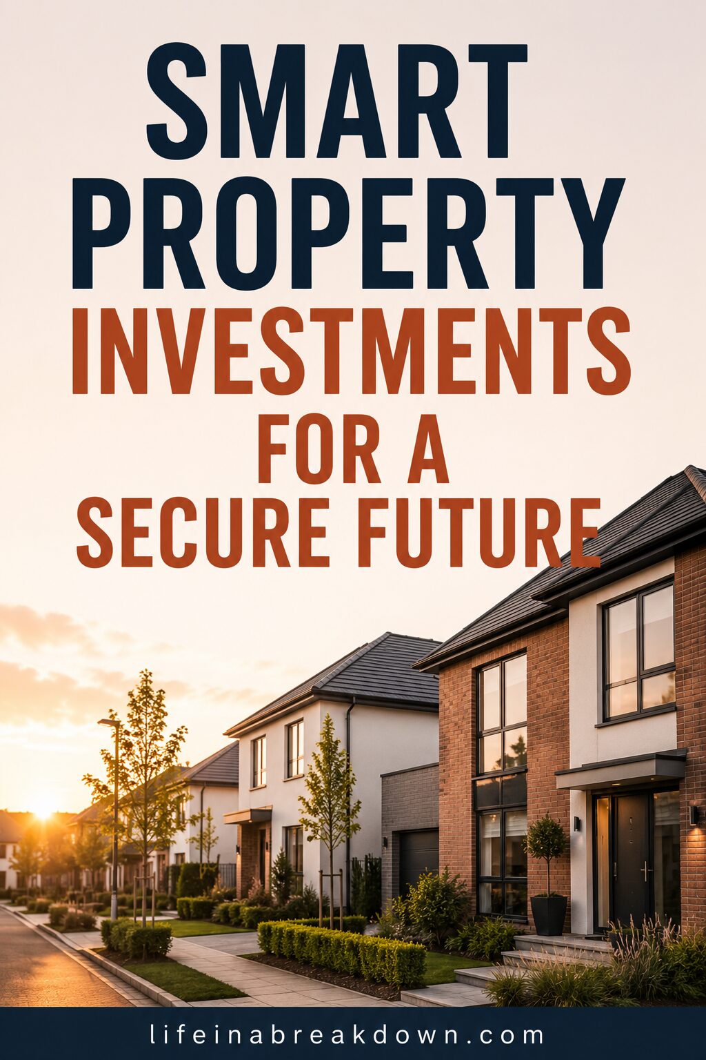 A modern suburban street with new houses at sunset, overlaid with the text Smart Property Investments for a Secure Future and the website lifeinabreakdown.com at the bottom.