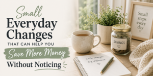A cosy workspace features a coffee mug, a jar labelled “savings,” a notepad with “Little Changes, Big Difference,” and framed text reading “Small steps every day.” Text overlay: “Small Everyday Changes That Can Help You Save More Money Without Noticing.”.
