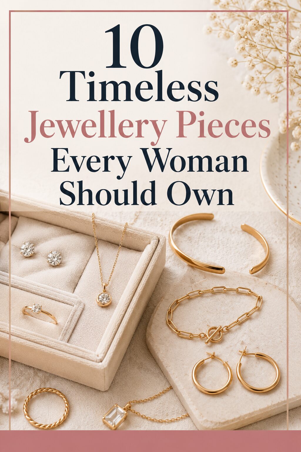 A flat lay of elegant gold and diamond jewellery, including earrings, necklaces, bracelets, and rings, with text overlay: 10 Timeless Jewellery Pieces Every Woman Should Own.