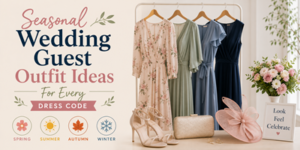 Clothes rail with four pastel dresses, heels, a clutch bag, and a pink hat beside a flower vase. Text reads: Seasonal Wedding Guest Outfit Ideas for Every Dress Code: Spring, Summer, Autumn, Winter.