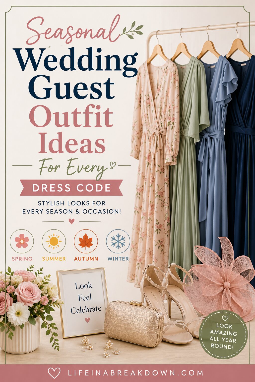 Four pastel dresses on hangers, floral heels, a gold handbag, and a large pink fascinator are displayed. A sign reads “Look Feel Celebrate.” Spring flowers and wedding guest outfit ideas for all seasons are highlighted.