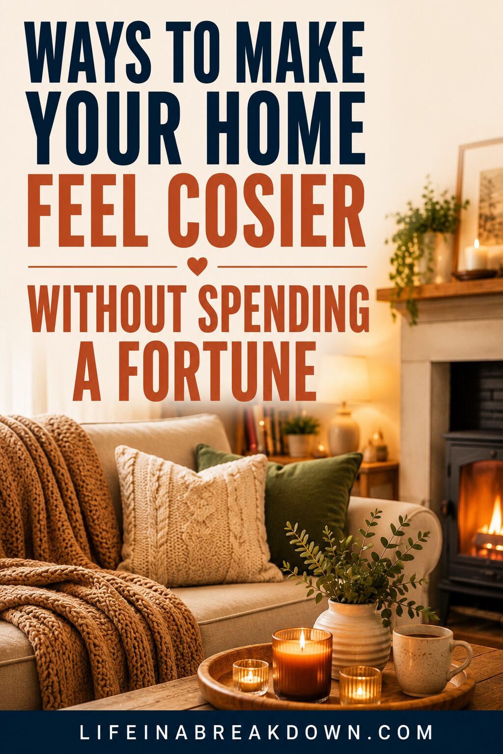 Text graphic reading “Ways to make your home feel cosier without spending a fortune” over a cosy living room with a sofa, knitted blankets, cushions, candles, plants, and a fireplace. Website: lifeinabreakdown.com.