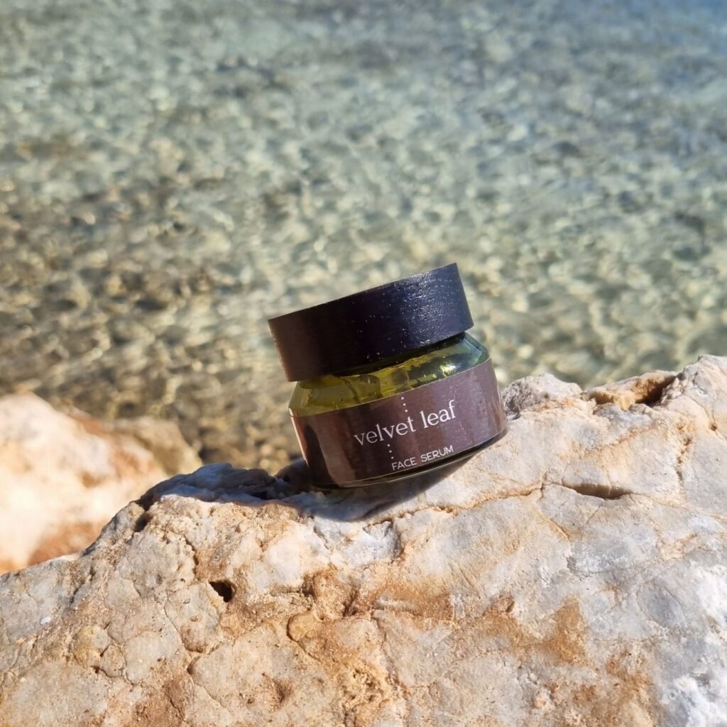 A small jar labelled velvet leaf face serum sits on a sunlit rock by clear, shallow water, suggesting a natural and refreshing skincare product.