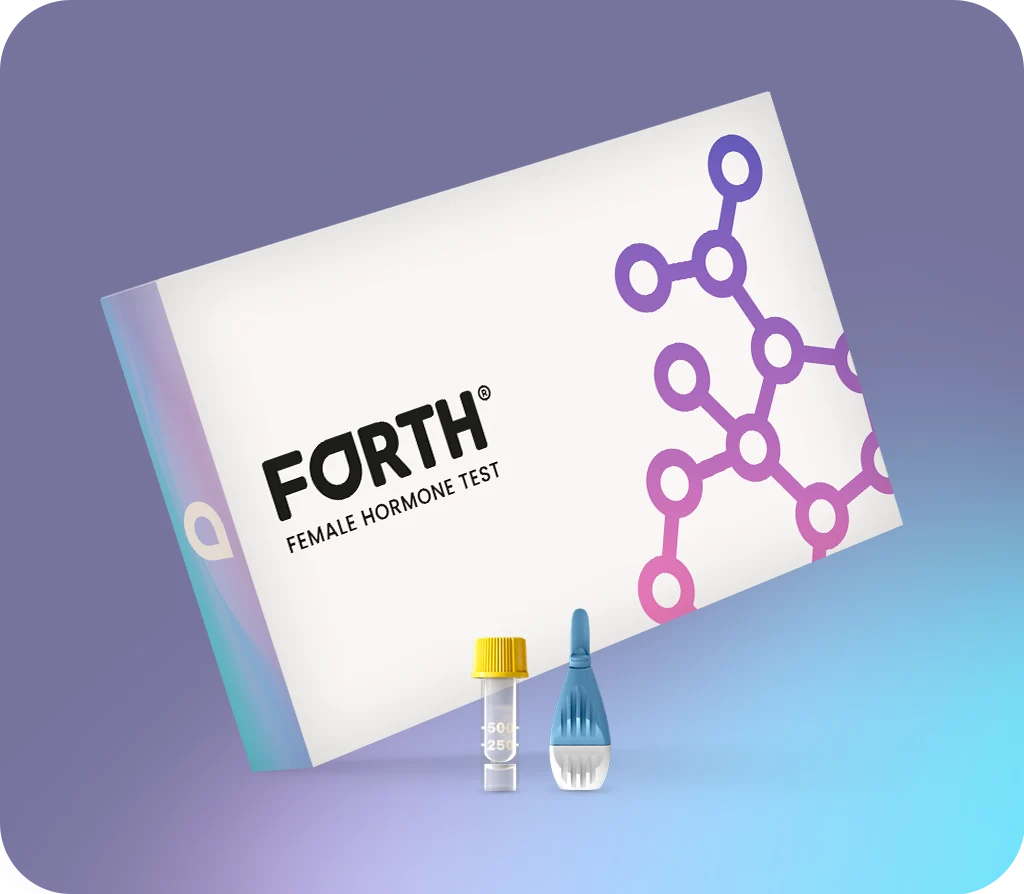 A Forth Female Hormone Test kit is shown with a rectangular box, a small yellow-capped vial, and a blue sampling device on a gradient purple background.