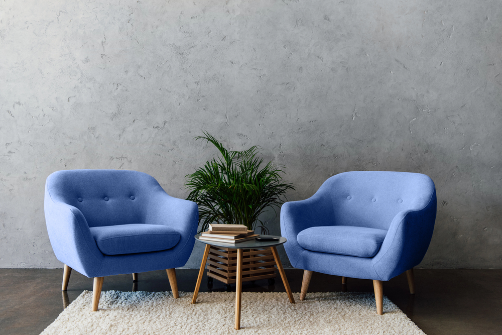 Two blue armchairs with wooden legs face each other across a small round table with books. A green potted plant sits behind the table, all on a white rug against a grey textured wall.