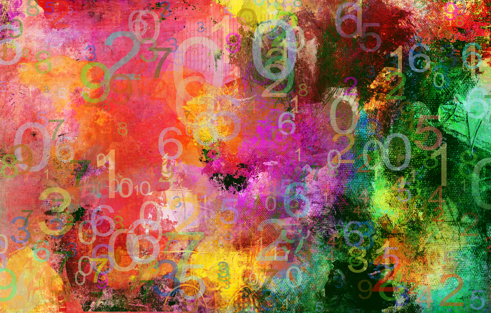 Colourful abstract background with splashes of red, yellow, green, orange, and purple, overlaid with semi-transparent white and green numbers of various sizes scattered throughout.