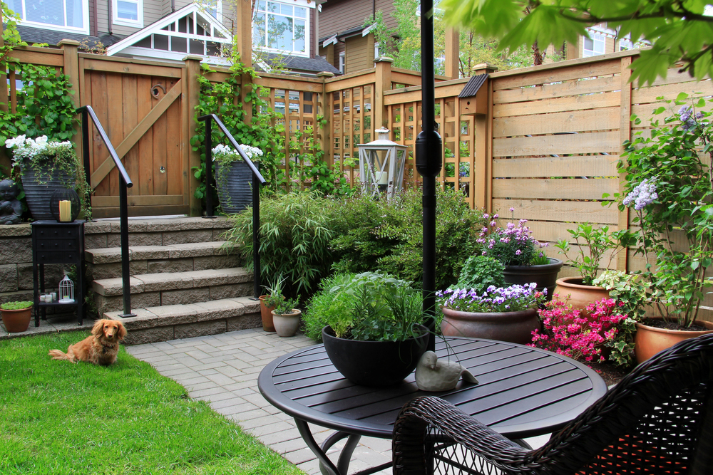 A small patio garden with potted flowers, a round table, wicker chair, and a brown dog sitting on grass. Wooden steps and fence are in the background, with plants and lanterns decorating the space.