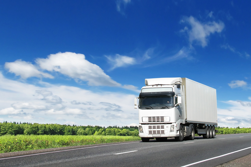 A white lorry with a trailer drives on a motorway with a blue sky and clouds above, green trees and grass line the road.