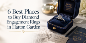 An elegant diamond ring in a blue velvet box sits next to documents and a ring box, with text: 6 Best Places to Buy Diamond Engagement Rings in Hatton Garden.
