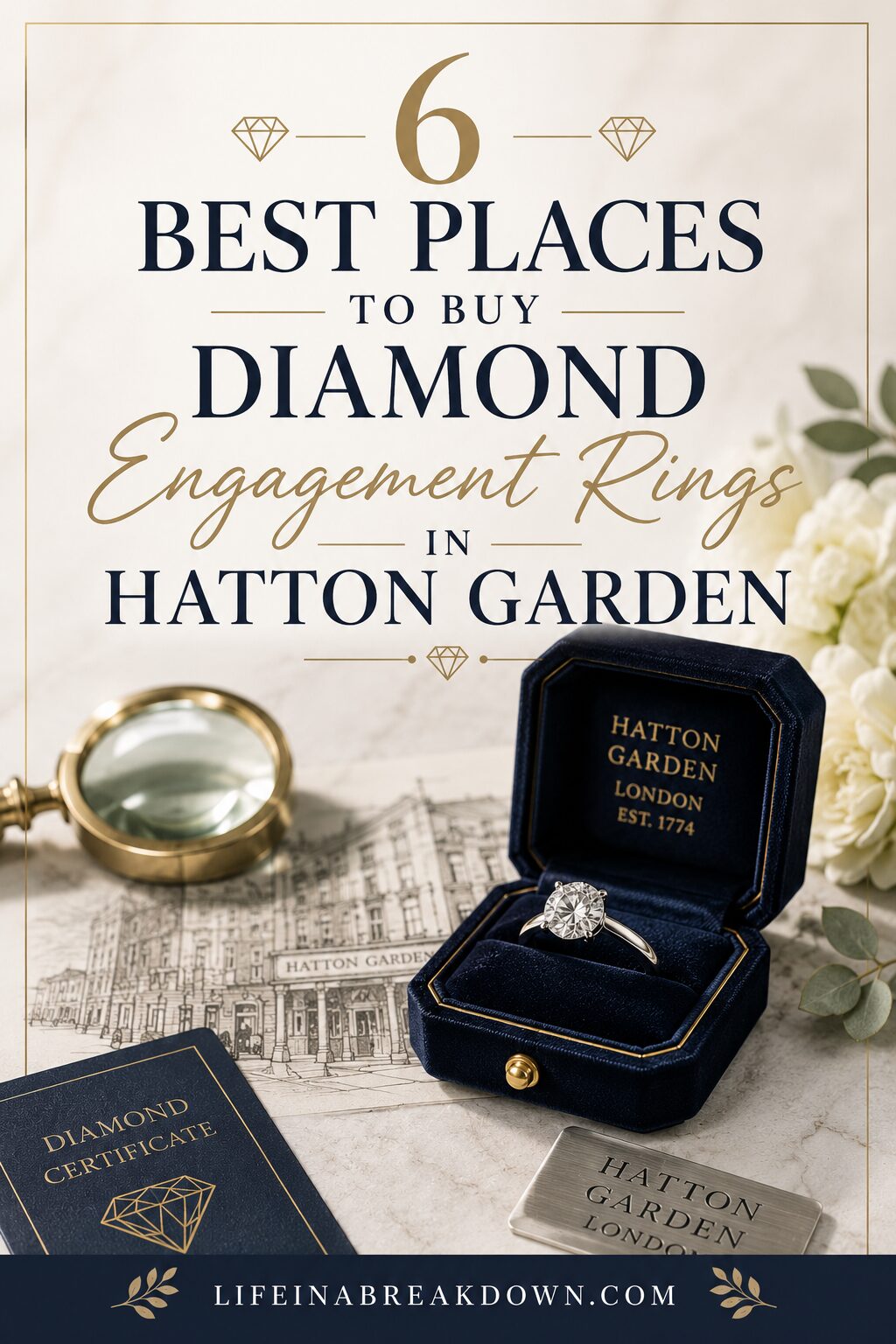 A diamond engagement ring in a blue box sits on a table with flowers, a magnifying glass, and certificates. Text reads: 6 Best Places to Buy Diamond Engagement Rings in Hatton Garden.