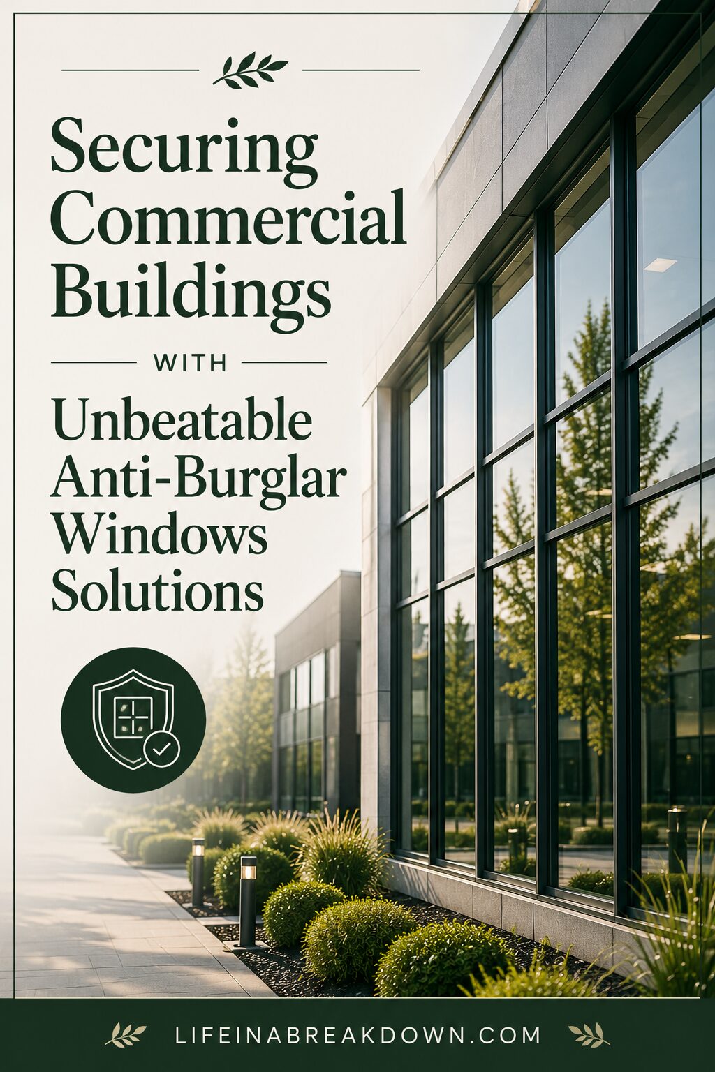 Modern commercial building with large reflective windows and landscaped greenery; overlaid text promotes unbeatable anti-burglar window solutions for securing commercial buildings.