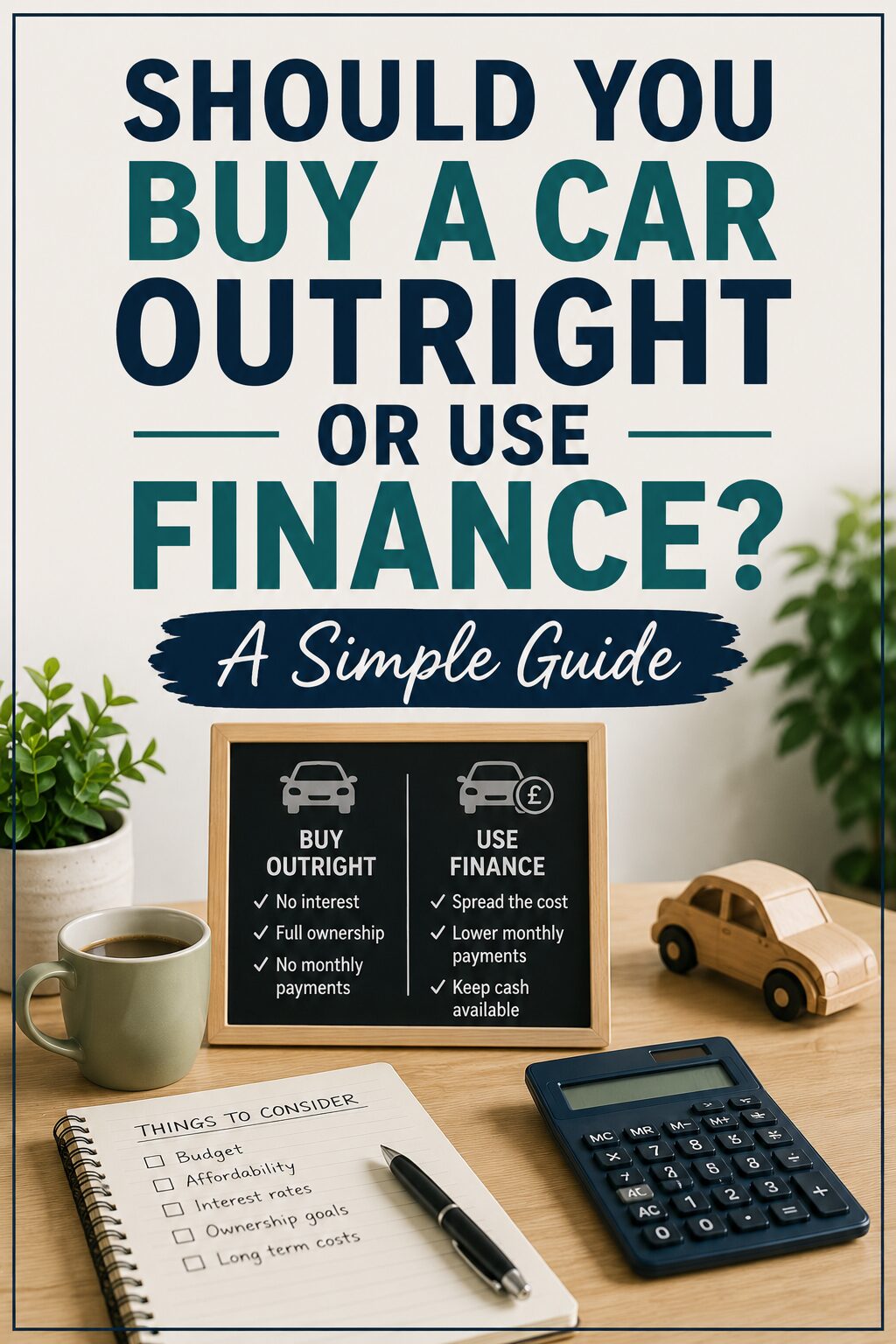A guide on whether to buy a car outright or use finance. Includes pros of each option, a checklist, a calculator, a model car, plant, and notepad on a desk. Main heading: Should You Buy a Car Outright or Use Finance?.
