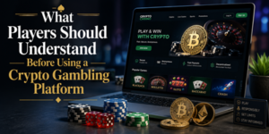 A laptop displaying a crypto gambling site sits on a table with poker chips, cards, and gold crypto coins. Text reads: “What Players Should Understand Before Using a Crypto Gambling Platform”.