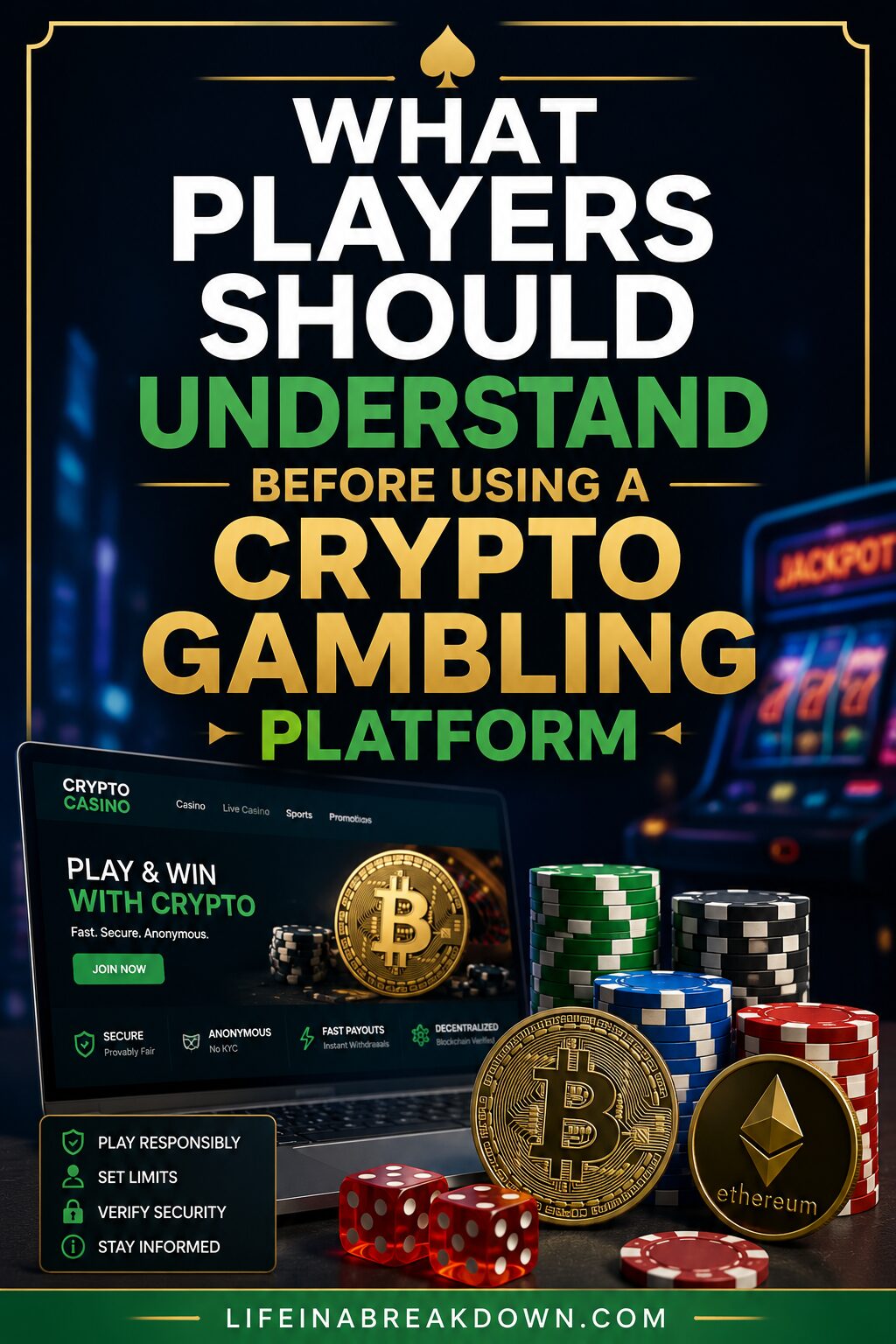 Image with text: “What players should understand before using a crypto gambling platform.” Includes coins, poker chips, cryptocurrency symbols, and a laptop showing an online casino. Website: lifeinabreakdown.com.
