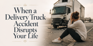 A woman sits on the roadside with her head in her hands, looking at a damaged delivery lorry after an accident. The text reads, When a Delivery Lorry Accident Disrupts Your Life.