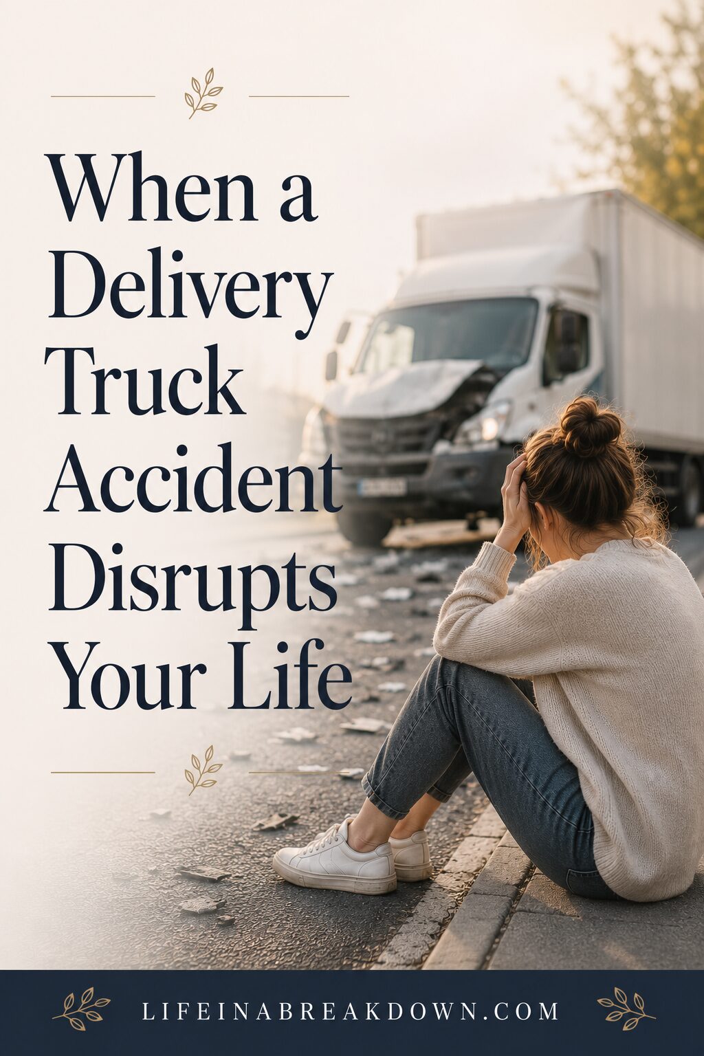 A woman sits on the side of a road, head in her hands, near a crashed delivery lorry. Text reads, When a Delivery Lorry Accident Disrupts Your Life. The branding for LIFEINABREAKDOWN.COM is at the bottom.