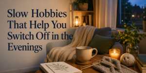 A cosy, softly lit living room with a blanket, candle, mug, book, and knitting on a wooden table. Text reads: “Slow Hobbies That Help You Switch Off in the Evenings.”.