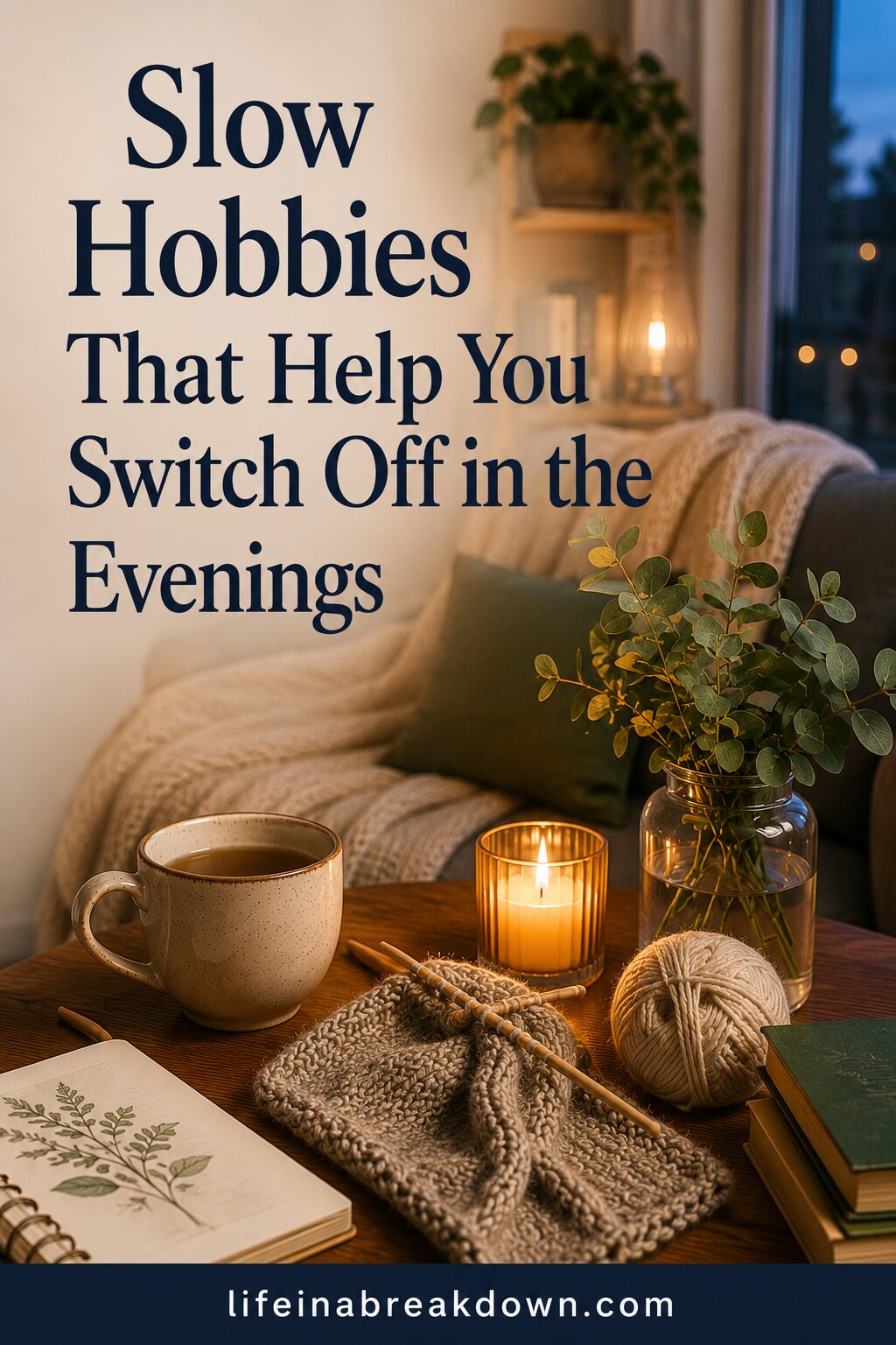A cosy setup with a cup of coffee, lit candle, notebook, knitted fabric, and yarn on a table, with a blanket and plant in the background. Text reads: “Slow Hobbies That Help You Switch Off in the Evenings.”.