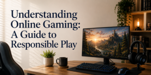 A computer desk setup with a monitor displaying a scenic game, keyboard, headphones, and a potted plant. Text reads: Understanding Online Gaming: A Guide to Responsible Play.
