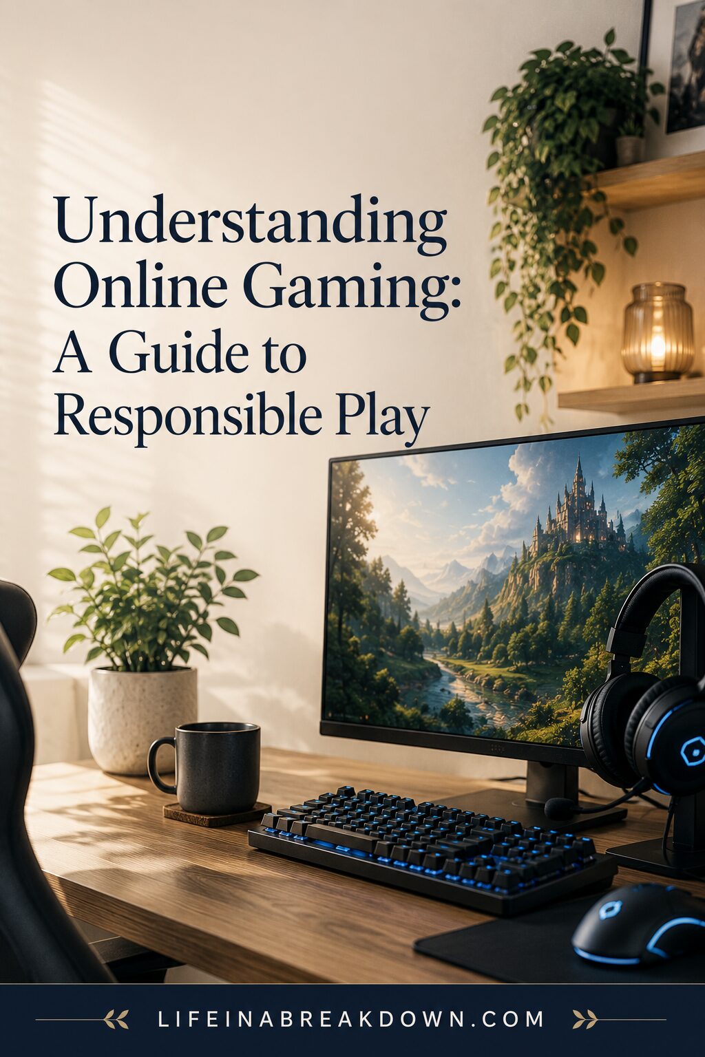 A gaming setup with a desktop computer displaying a castle landscape, keyboard, headphones, and a coffee mug on a wooden desk with plants, books, and a lamp. Text reads: “Understanding Online Gaming: A Guide to Responsible Play.”.