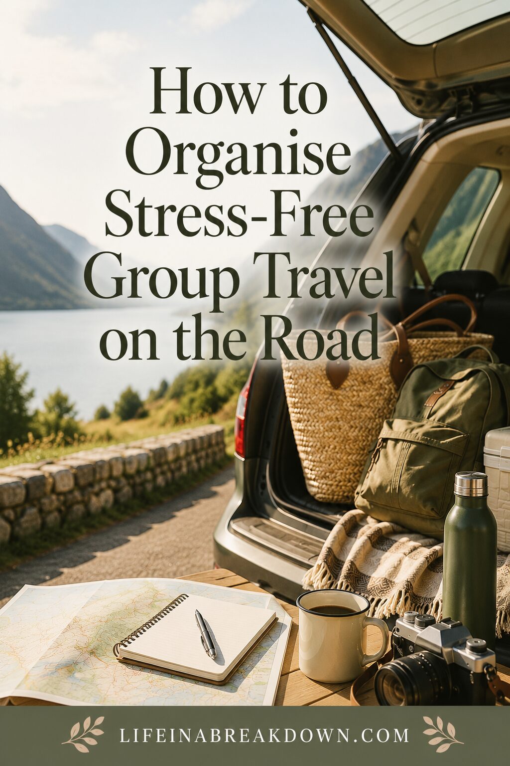 An open car boot with travel gear, a camera, rucksack, and a flask by a lake and mountains. A notebook, map, and mug sit on a wooden table. Text reads: “How to Organise Stress-Free Group Travel on the Road.”.