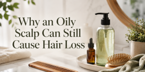 A towel, comb, hairbrush, and two bottles of hair products are arranged on a bathroom counter. Text reads: Why an Oily Scalp Can Still Cause Hair Loss.