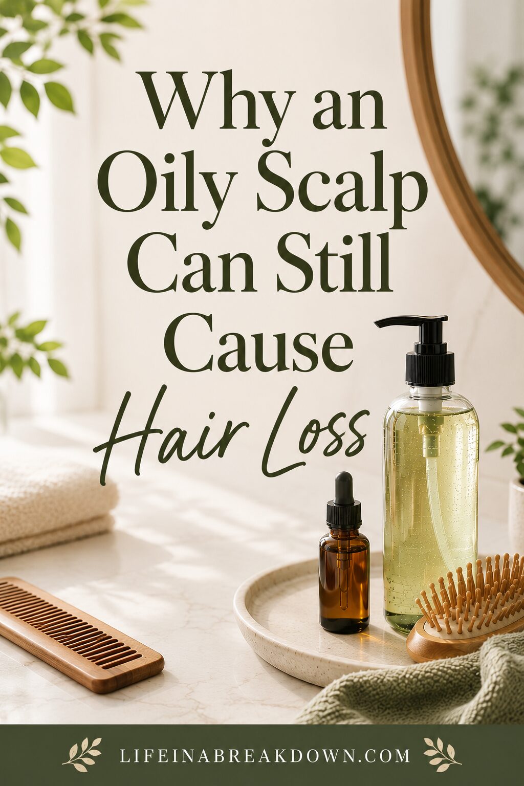 A bottle of hair oil, a dropper bottle, and a wooden comb on a tray beside a mirror, with text: Why an oily scalp can still cause hair loss.