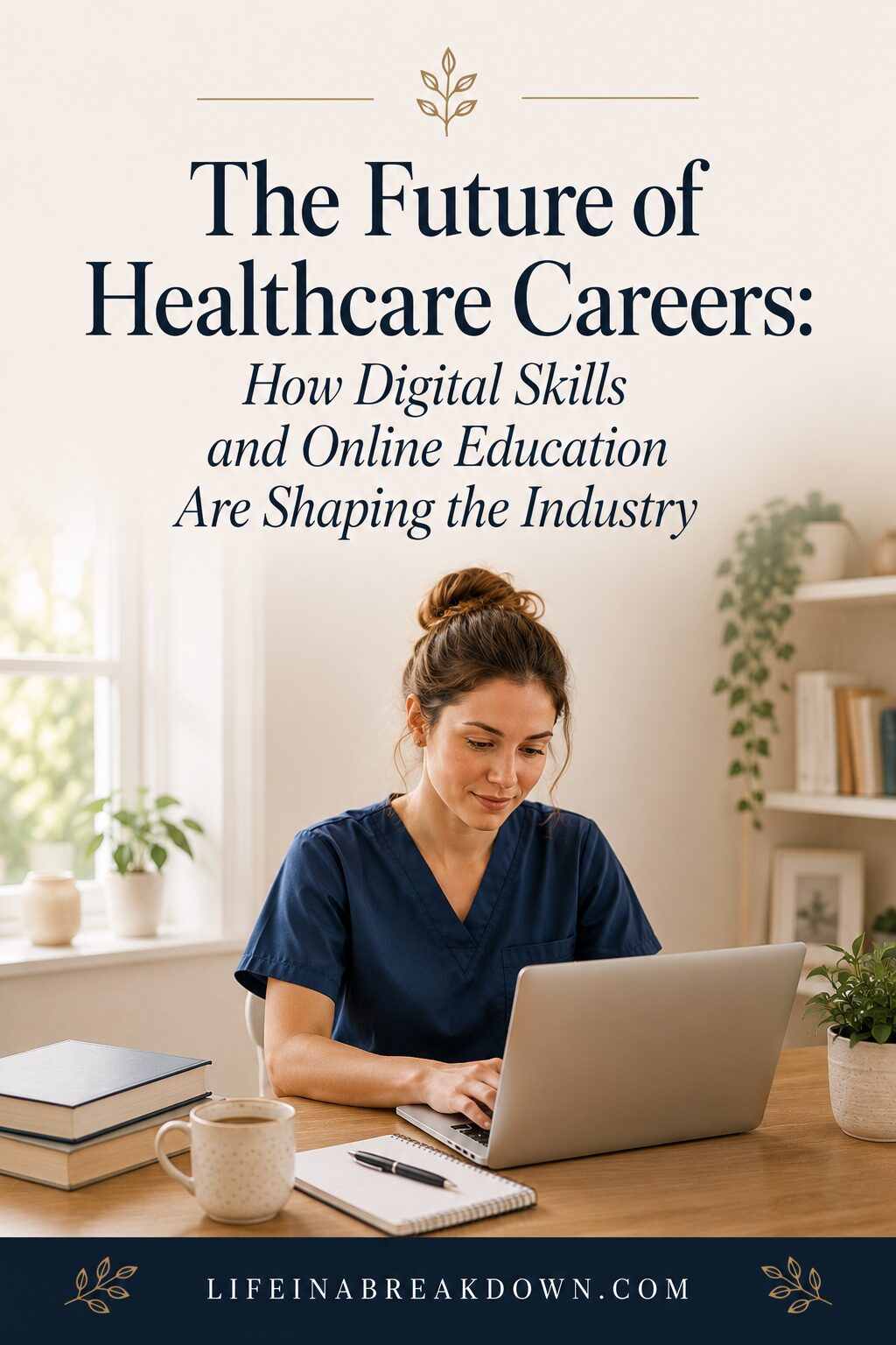 A woman in medical scrubs sits at a desk with a laptop and notebooks, working in a bright, cosy room. Text reads: “The Future of Healthcare Careers: How Digital Skills and Online Education Are Shaping the Industry.”.