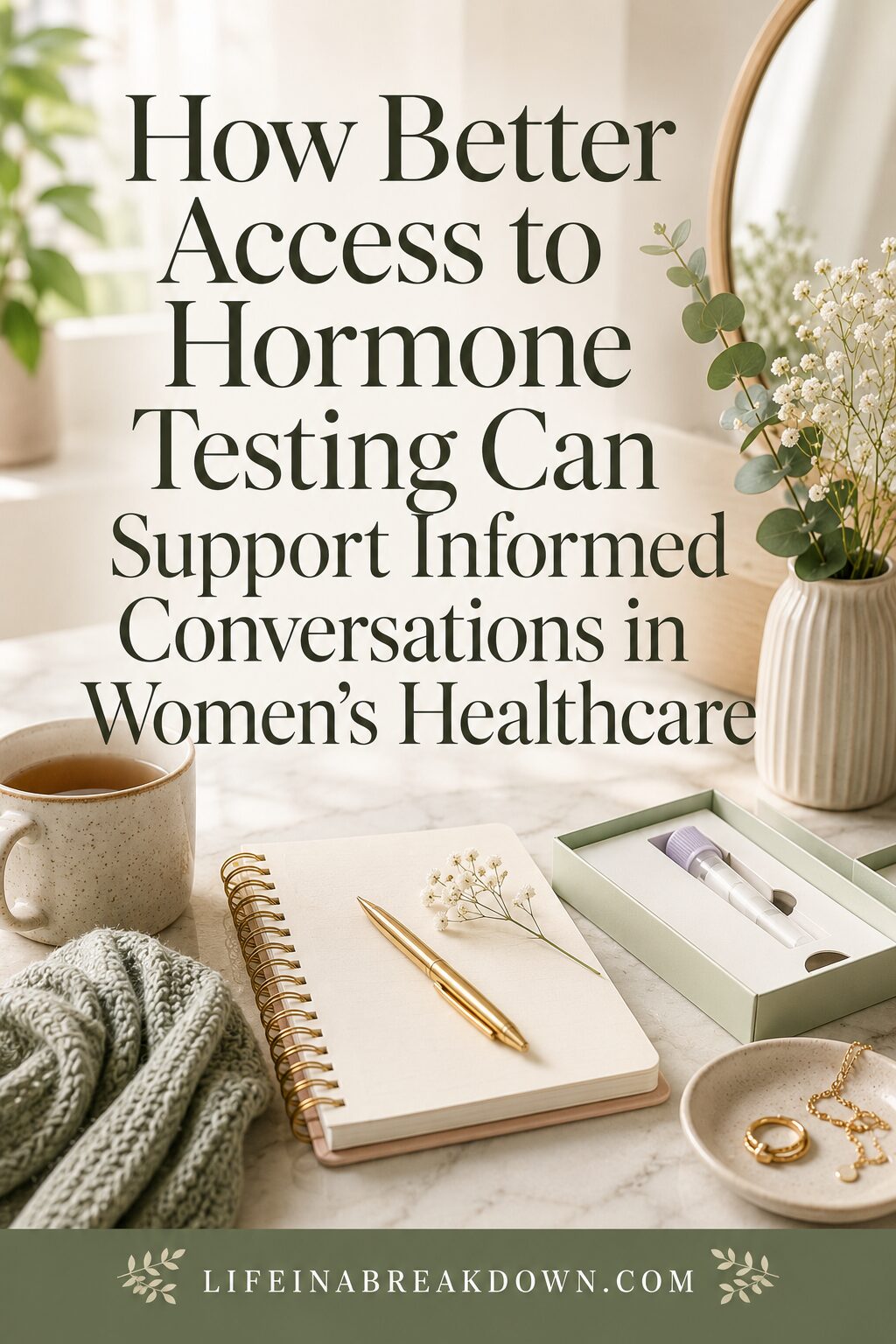 A mug, notebook, pen, jewellery, and a hormone test kit sit on a table with a vase of flowers. Text reads: How Better Access to Hormone Testing Can Support Informed Conversations in Women’s Healthcare.