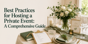 Elegant event table setting with flowers, candles, wine glasses, plates, cutlery, and a clipboard checklist. Text reads: “Best Practices for Hosting a Private Event: A Comprehensive Guide.”.