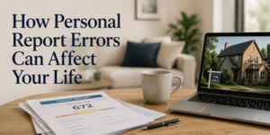 A table with a credit report, pen, and mug, in front of a laptop displaying a house for sale; text reads “How Personal Report Errors Can Affect Your Life”.